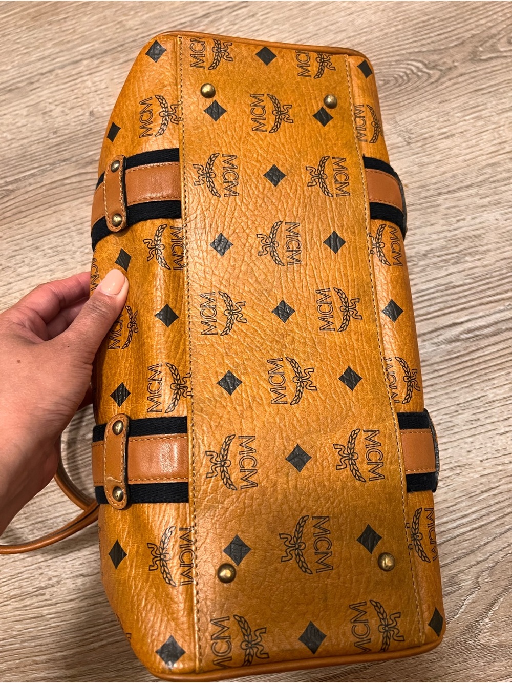 MCM Cognac Monogram Barrel Satchel with Gold Hardware - Picture 8 of 11
